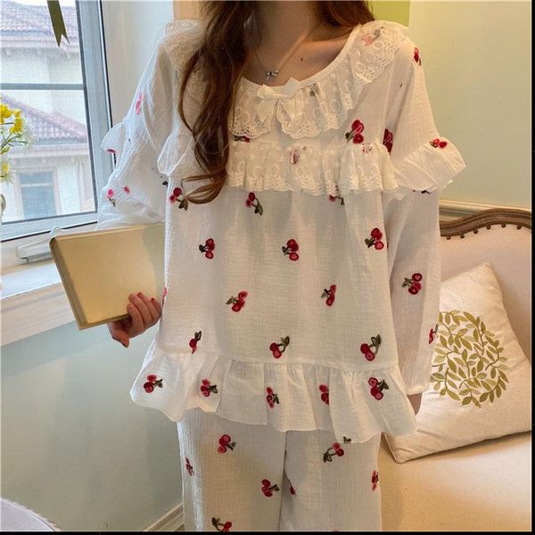 

chic sweet pajamas suits women sleepwear long sleeves strawberries ruffles fashion loose pants, Black;red