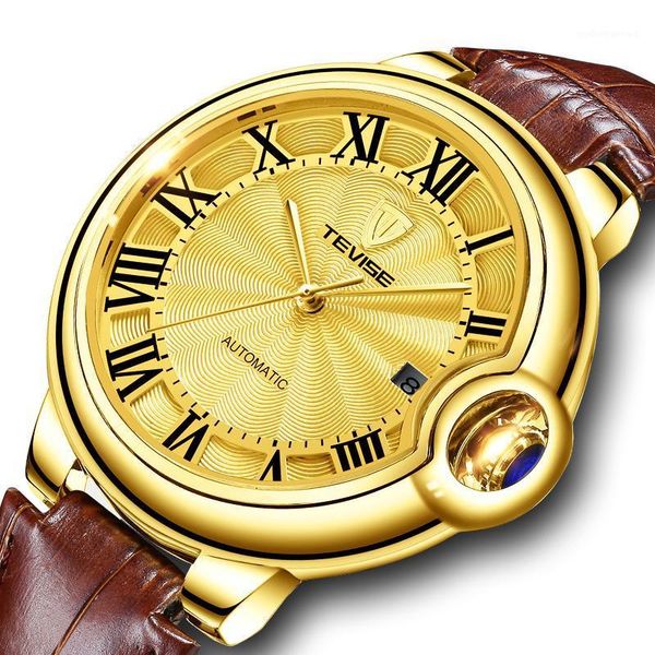 

trend man automatic mechanical watch business leather strap waterproof date roman numeral dial men's watches t842 wristwatches, Slivery;brown
