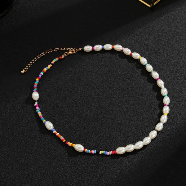 

chokers y2k rainbow beads pearl short choker necklace for men/women boho beaded chain on neck fashion couple jewelry 2021 gifts, Golden;silver