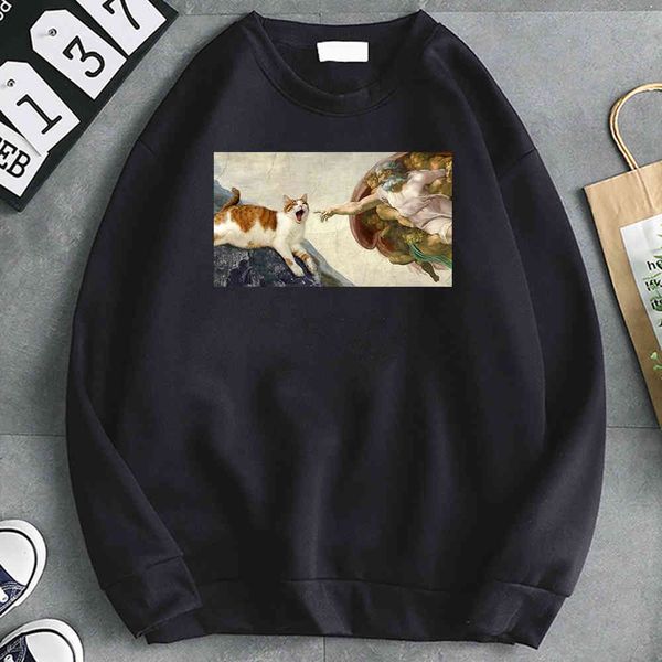 

men's hooded sweatshirt, cat and cartoon pattern, men's harajuku style, hip hop, retro, Black