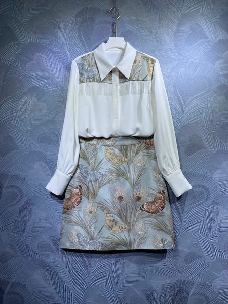 

2021 autumn new lapel long sleeve shirt with skirt set, White