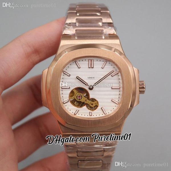 

2022 5711 tourbillon automatic mens watch rose gold white textured dial stick markers stainless steel bracelet 8 styles watches puretime01 e, Slivery;brown