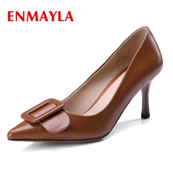 

dress shoes enmayla zapatos mujer tacon pointed toe genuine leather thin heels slip-on women size 34-39 zyl1994, Black