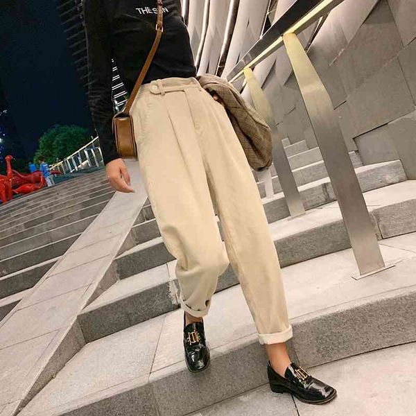

women's pants & capris brown corduroy women autumn winter vintage elastic high waist harem plus size casual black trousers pantalo, Black;white