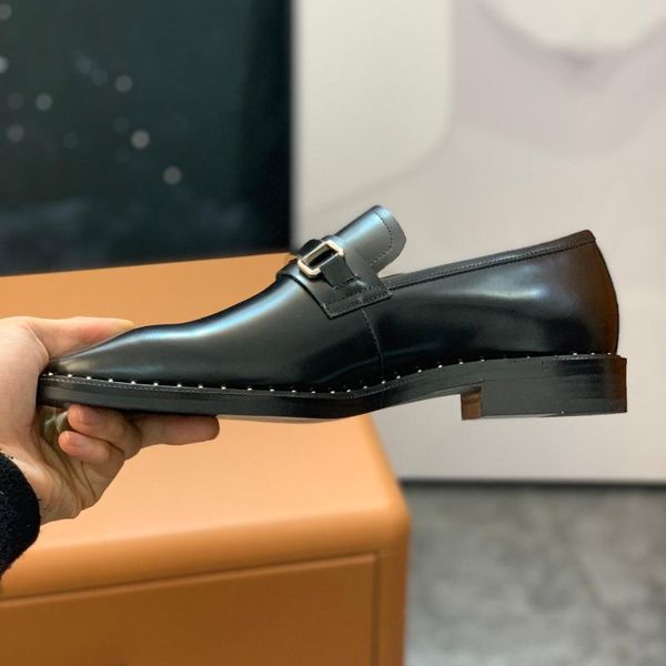 

spring and summer men's genuine leather metal buckle dress shoes, Black