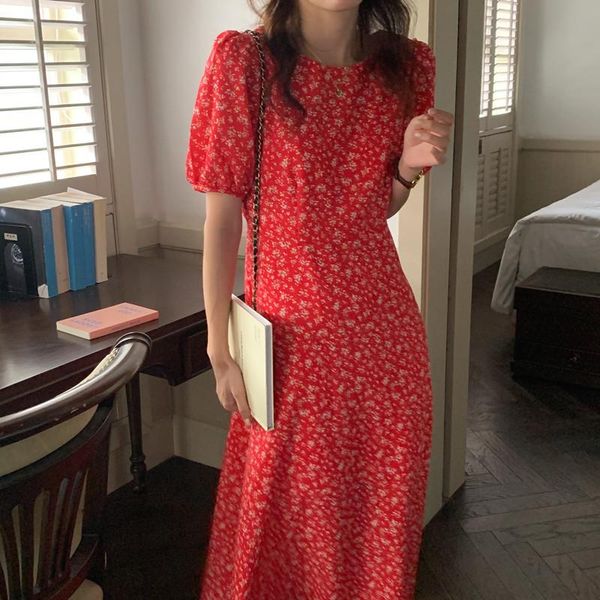 

casual dresses women chic korean fashion vintage elegant summer floral printing ankle-length dress fenimine vestidos, Black;gray