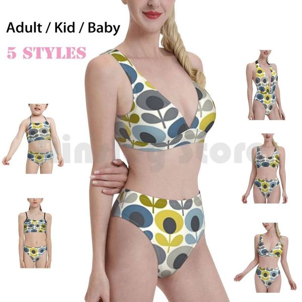 

women's swimwear orla kiely design swimsuit bikini padded high waist marimeko ivory hygge danish blue background 1970 1960s 1960 textur, White;black