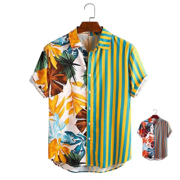 

men's casual shirts striped flower print short-sleeved shirt summer hawaiian single-breasted blouse beach wear holiday clothing 2021, White;black