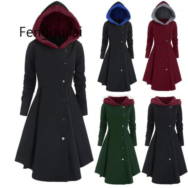 

women's trench coats xl~4xl women plus size asymmetric fleece hooded single breasted long drap buttons gothic coat manteau femme black1, Tan;black