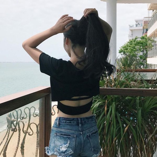 

women's t-shirt summer short sleeve tee up back waist t-shirts casual travel sweet camisetas verano mujer 2021, White