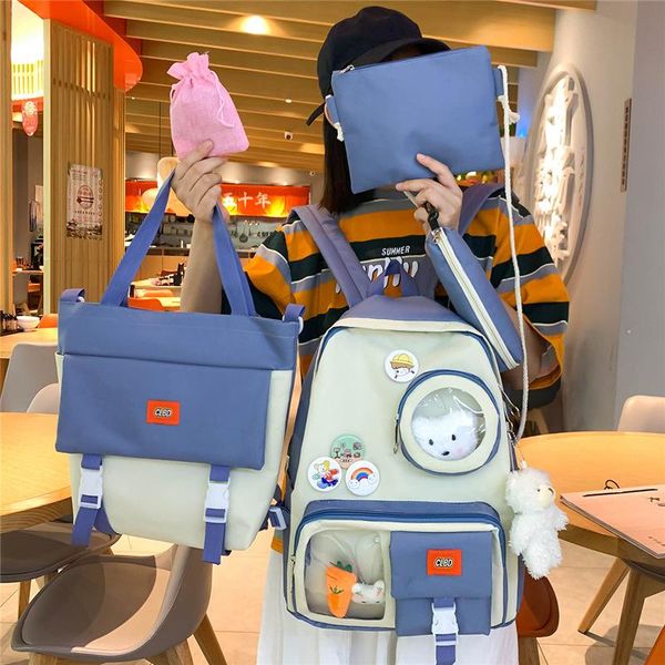 

backpack 2021 women lap4 pcs set harajuku canvas school bags for teenage girls kawaii college student kids book bag rucksack