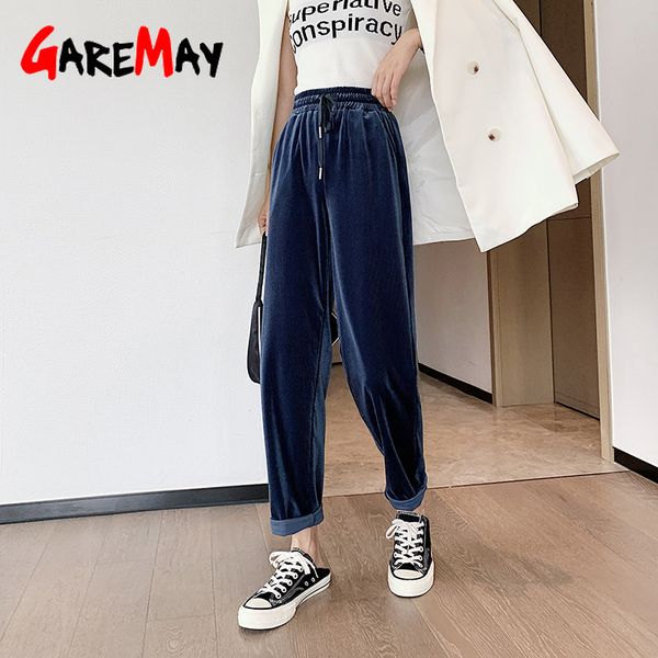 

women's casual winter pants korean high waisted trousers white with elastic waist harem women loose autumn 210428, Black;white