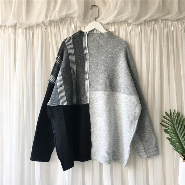 

women's sweaters [ewq] 2021 spring ladies all-match lazy wind thick knitted pullover loose large size outer wear stitching sweater wome, White;black