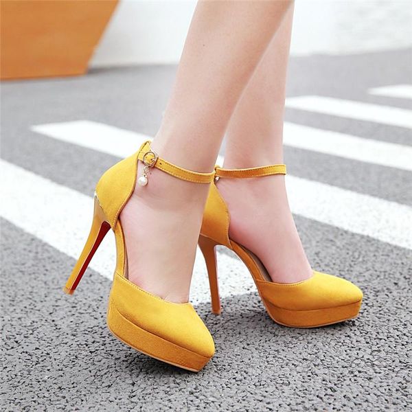 

dress shoes ymechic 2021 plus size ankle strap mary janes woman high heels flock red yellow party office thin heel pumps summer, Black