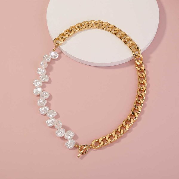 

irregular flat imitation pearl choker necklace punk miami curb cuban chain toggle clap lasso clavicle necklace for women jewelry q0809, Silver