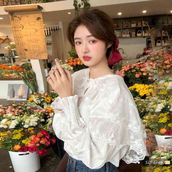 

nomikuma lace patchwork elegant blouse women big turn down collar long sleeve vintage single breasted sweet blusas 210514, White