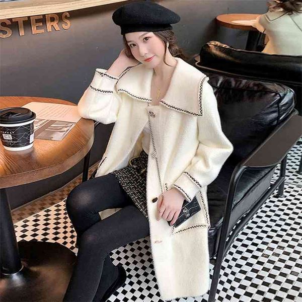 

autumn winter imitated mink cashmere coat female casual loose soft wool coats ladies vintage korean fashion outerwears 210510, Black