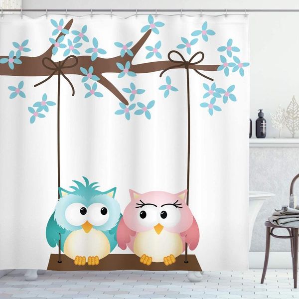 

shower curtains cartoon 2 owls in love on a swing blossoming tree branch spring romance fabric bathroom decor set with hooks