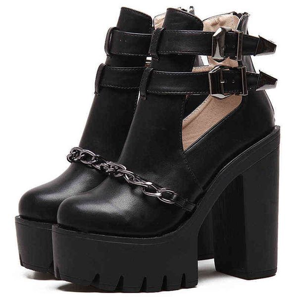 

spring and autumn metal chain hollow boots women's belt buckle thick heel high heels punk 226-3, Black;white
