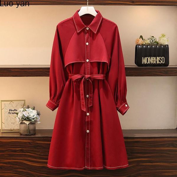 

casual dresses plus size women autumn turn down collar lantern sleeve cardigan button dress vintage bandage strap asahes midi, Black;gray