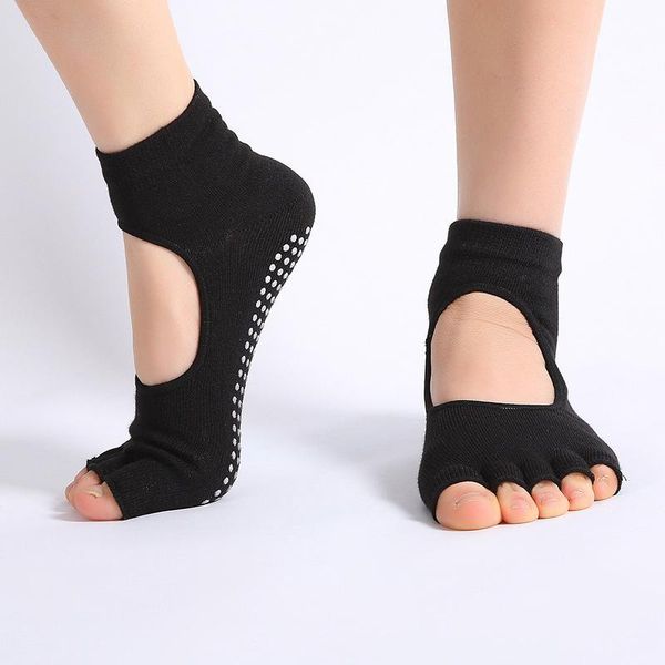 

men's socks toeless non skid sticky grip yoga for women anti slip lady gym fitness sports pilates professional dance, Black