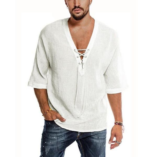 

men's t-shirts cotton linen shirts harajuku solid color half sleeve v-neck daily casual white shirt blouses camisas para hombre 2021, White;black