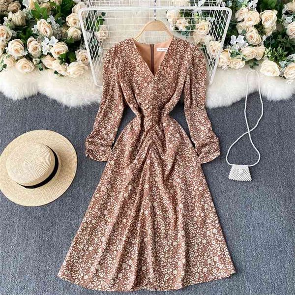 

spring fashion a-line dress women pleated v-neck long sleeve slim floral print clothes harajuku elegant vestidos q739 210527, Black;gray