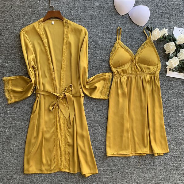 

pyjamas imitate real silk lace women robe set with chest pad cardigan twinset bathrobe satin sleepwear 4dvi, Black;white