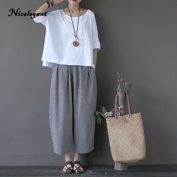 

women's pants & capris brand women plaid casual harem ankle-length loose thin plus size autumn summer 2021 original vintage femme, Black;white