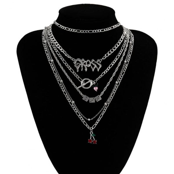 

pendant necklaces 6pcs/set multilayer exaggerated women silver color cherry dice chain girls jewelry supplies
