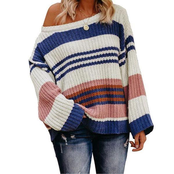

women's sweaters women long sleeve crew neck sweater chunky knit color block striped jumper, White;black