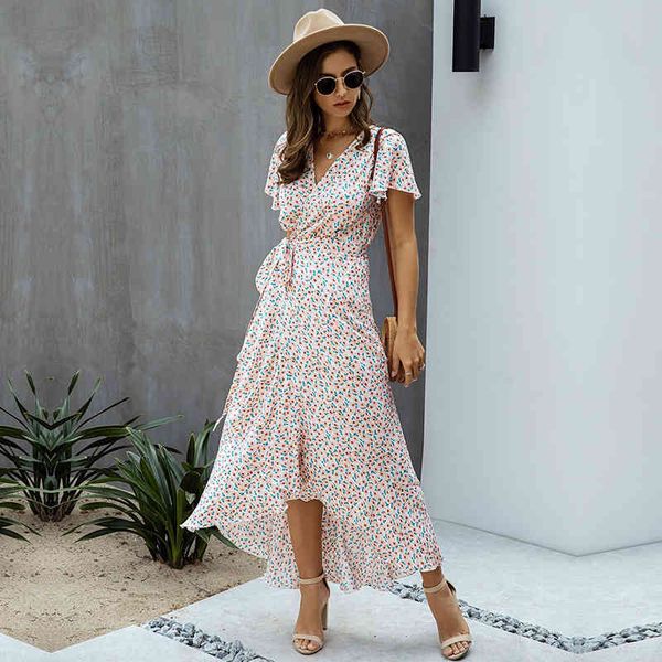 

summer ladies floral dot print women 2021 new elegant ruffles lace up v-neck high waist short sleeve long dress, Black;gray