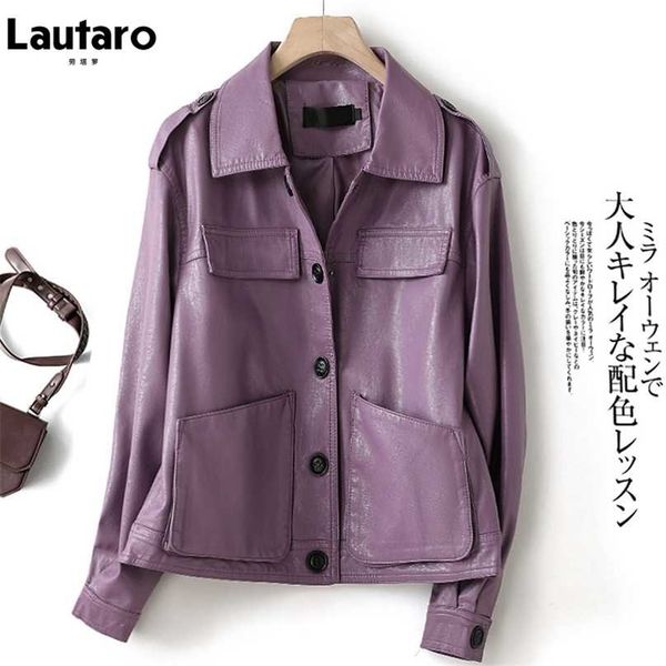

lautaro autumn purple faux leather jackets for women drop shoulder long sleeve pockets buttons black casual korean fashion 211130