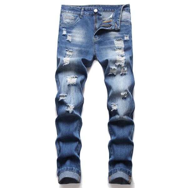 

men's straight leg slim fit jeans fashion hole biker casual denim pants big size motocycle hip hop trousers for male by201, Blue