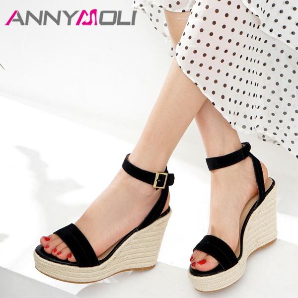 

women shoes summer sandals cow suede platform wedge heels ankle strap buckle super high heel female 39, Black