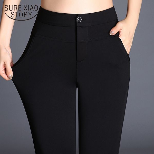 

suit ladies formal pantalon plus size cotton flare pants women high waist elastic long trousers female office work 7359 50 210417, Black;white