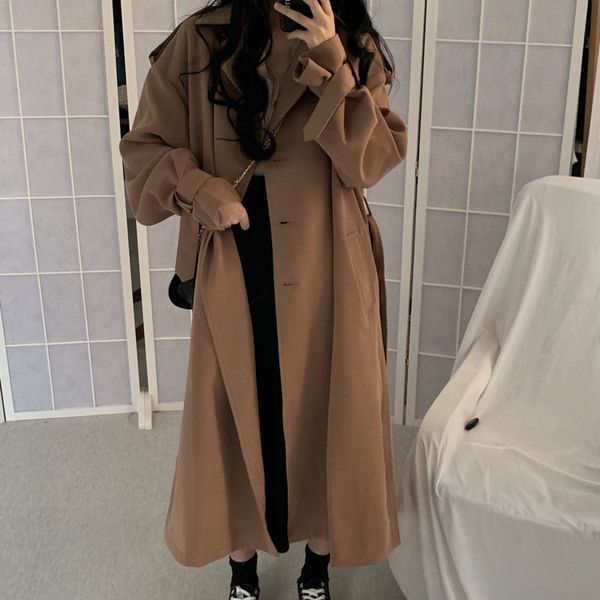 

wools korean fashion ol feminine trench coat elegant loose long vintage female jacket windbreakerwomen fall clothes, Black