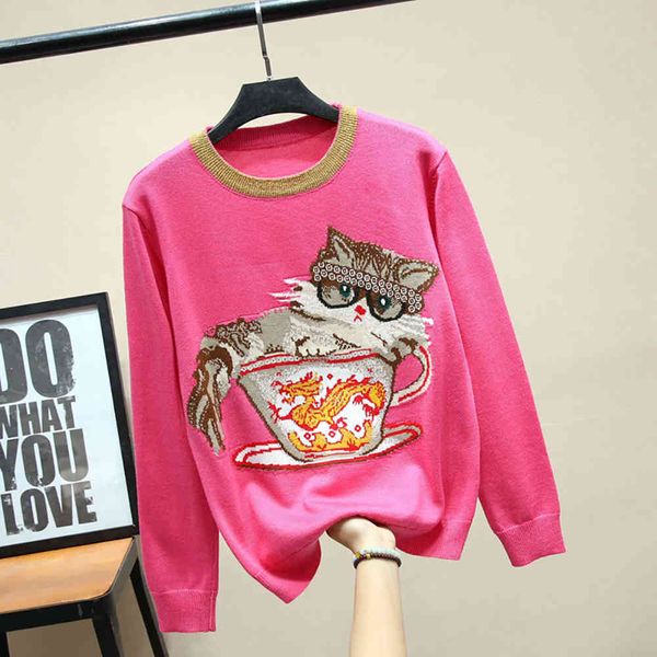 

women's sweaters spring autumn embroidered cat of cartoons knitted pullovers women's fashions long sleeve the neck red s-l thin w, White;black