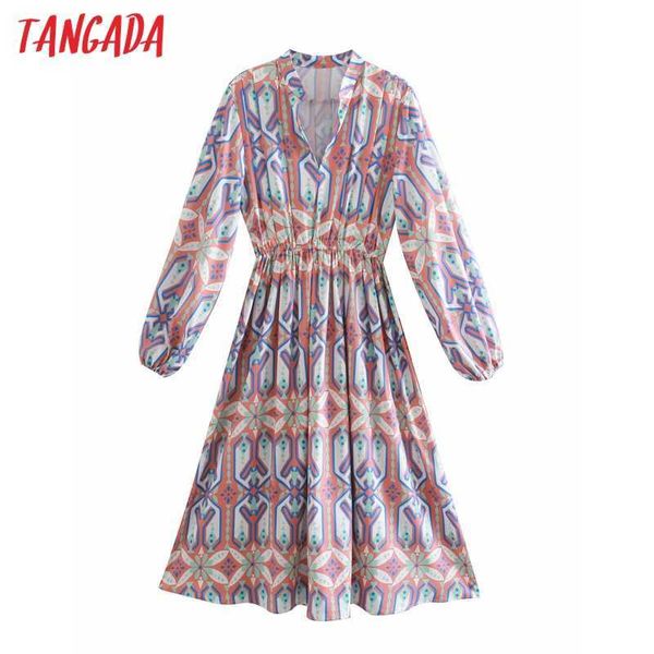 

tangada spring fashion women geometry print shirt dress long sleeve strethy waist office ladies midi dress 2w76 210609, Black;gray