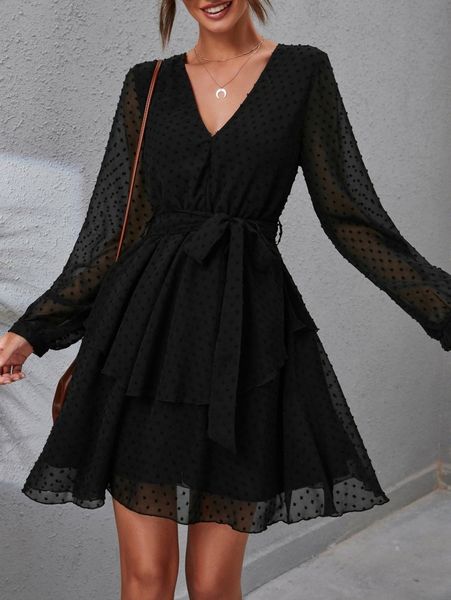 

swiss dot lantern sleeve belted chiffon dress 903x#, Black;gray