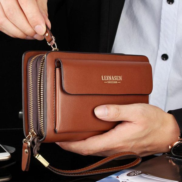 

business long men's clutch bag wallets large capacity male double zipper leather card holder phone purse, Red;black