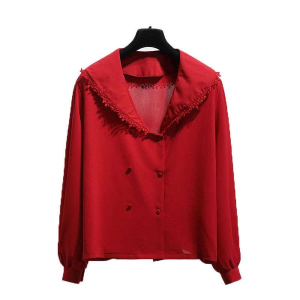 PERHAPS U Damen-Bluse, rot, Chiffon, mit Matrosenkragen, einfarbig, langärmelig, lässig, Spitze, B0280, 210529