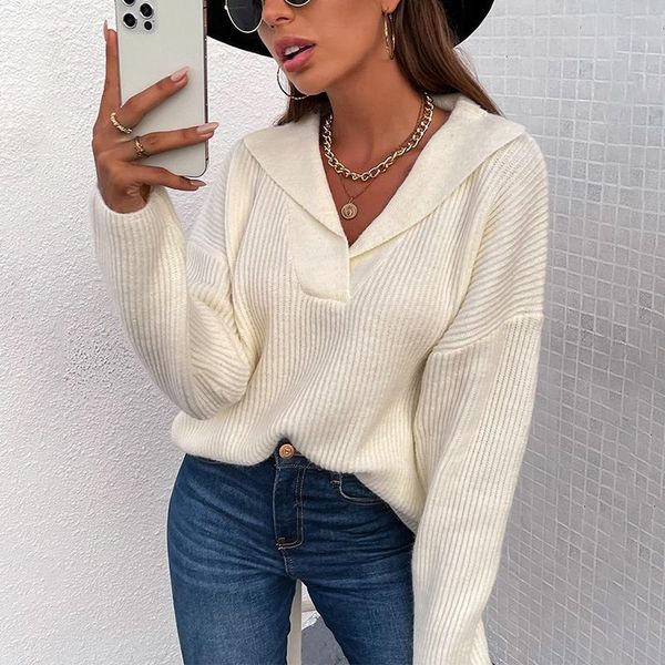 

women's sweaters fashion 2021 soft  jumper loose fit woman pullover turndown collar long sleeve beige ladies knitted, White;black