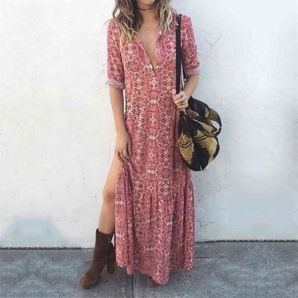 

women dress printed bohemia long print floral maxi es sleeve split loose plus size es 210513, Black;gray