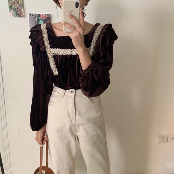 

dress chic sweet fashion patchwork square collar high street elegant veet office lady all-match shirts, White