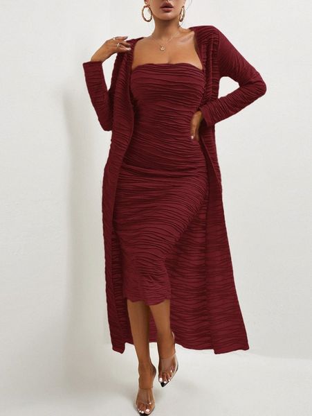 

sxy press crease tube bodycon dress & open front coat j4ry#, White