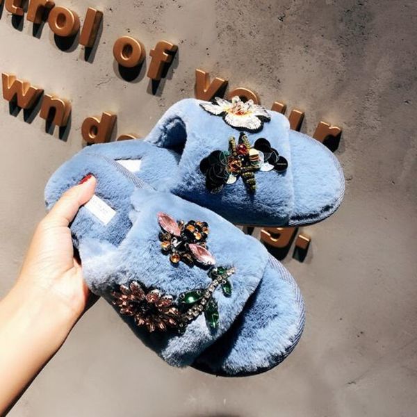 

slippers cute light luxury rhines sandals women cozy fur flip flops summer flat slippers ladies anti-slip home slides shoes 46e3, Black