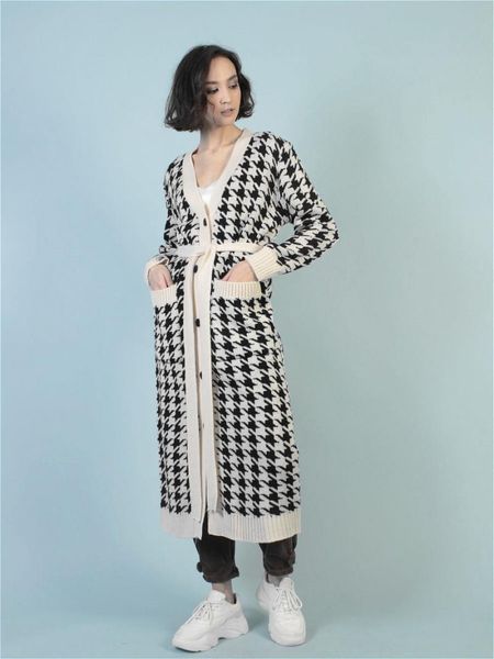 

women's wool & blends autumn women cardigan single-breasted loose houndstooth printed long sleeve jacket with pockets belts commuter ko, Black