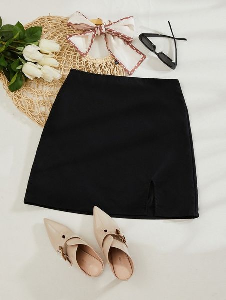 

solid split hem zipper skirt t7f1#, Black