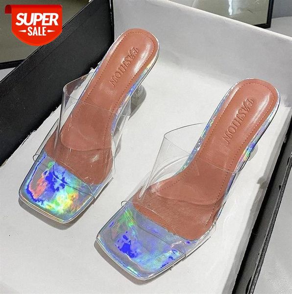

summer women shoes transparent high heels hollow breathable slippers ladies fashion square toe female clear slides #o47p, Black